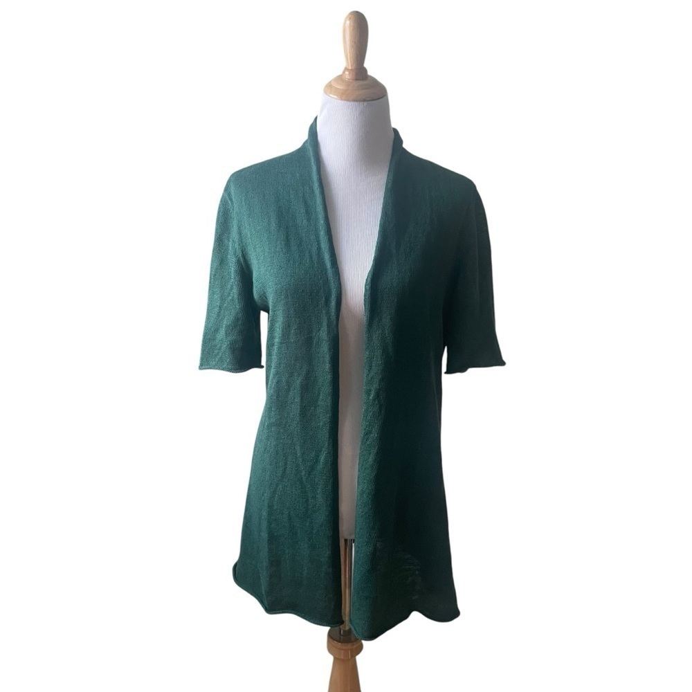 Eileen Fisher Forest Green Organic 100% Linen Short-Sleeve Cardigan Size Medium